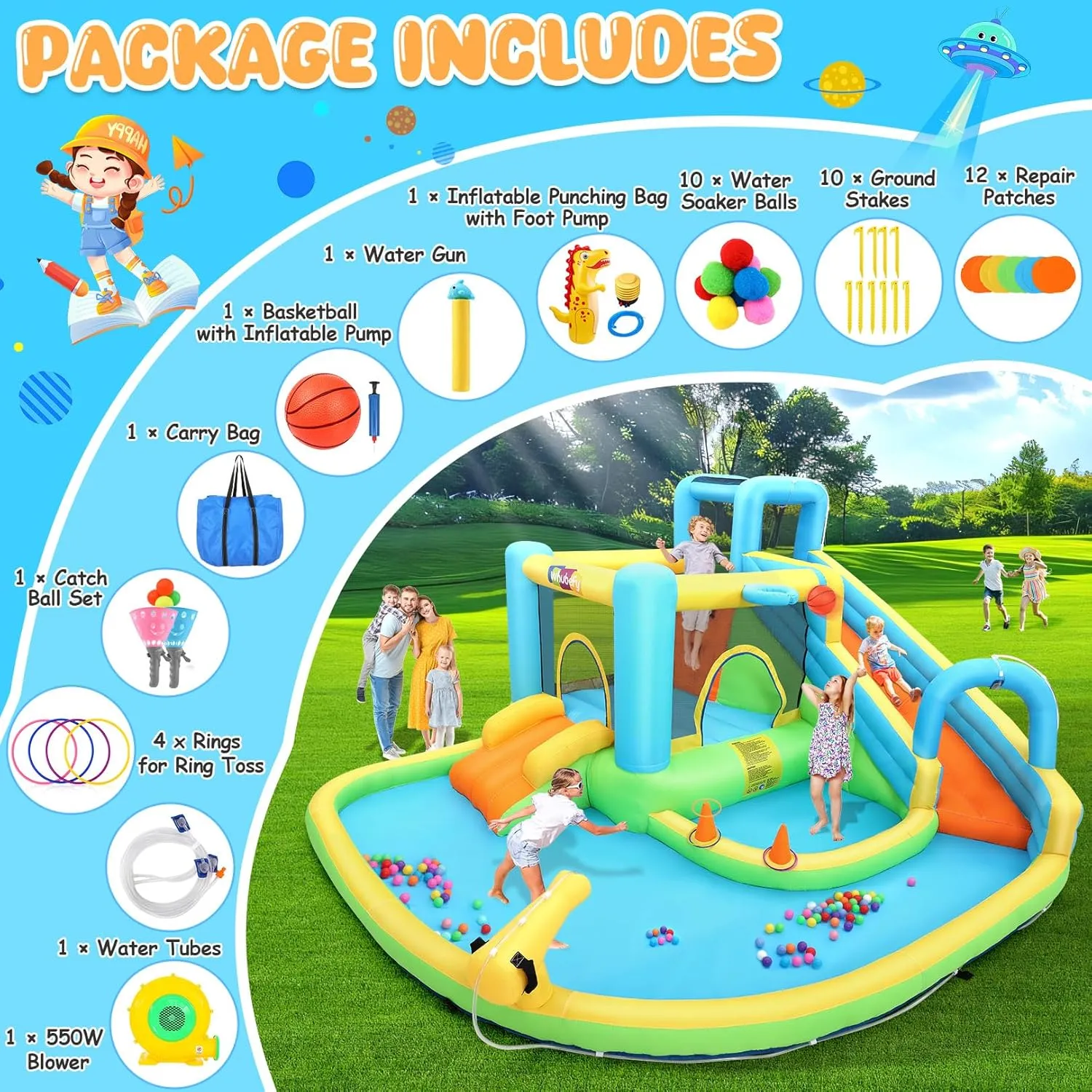 Whubefy 12.8x12FT Water Bounce House for Kids, 13-in-1 Inflatable Water Park with Catch Ball Set/Punching Bag/Toss Rings/Water Soaker Balls/Splash Pool/Water Cannon/Climbing Wall/Basketball Hoop