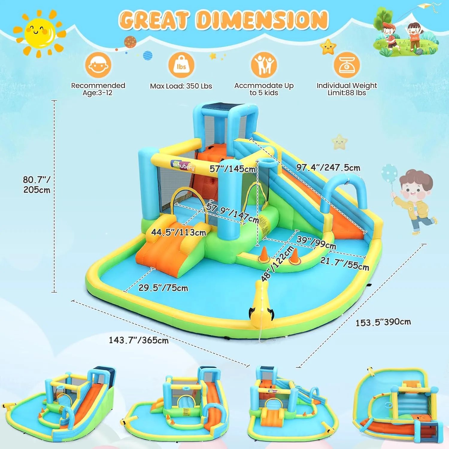 Whubefy 12.8x12FT Water Bounce House for Kids, 13-in-1 Inflatable Water Park with Catch Ball Set/Punching Bag/Toss Rings/Water Soaker Balls/Splash Pool/Water Cannon/Climbing Wall/Basketball Hoop