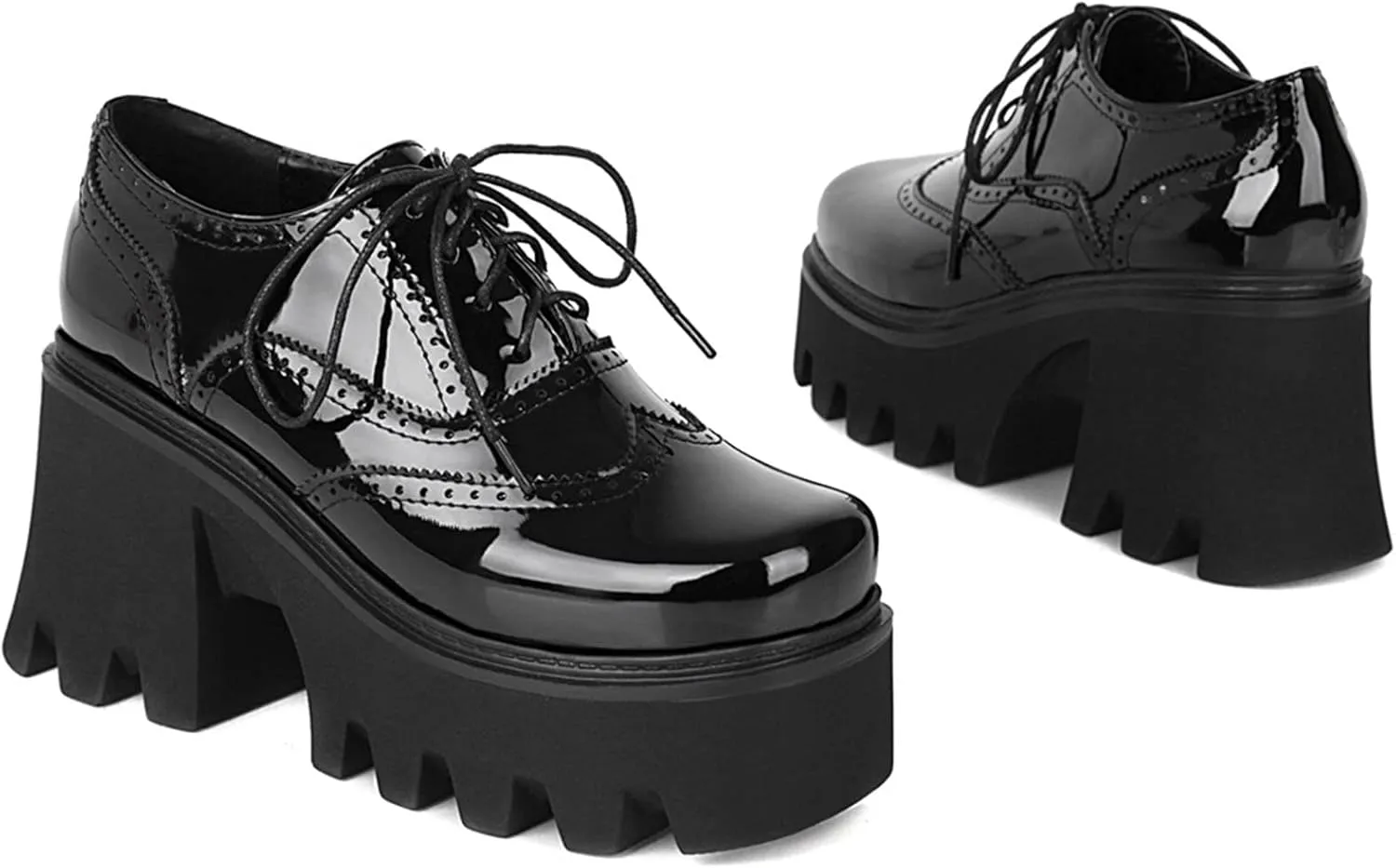 Women Goth Platform Booties Chunky High Heel Ankle Boots Square Toe Lace Up Wingtip Oxford Pumps