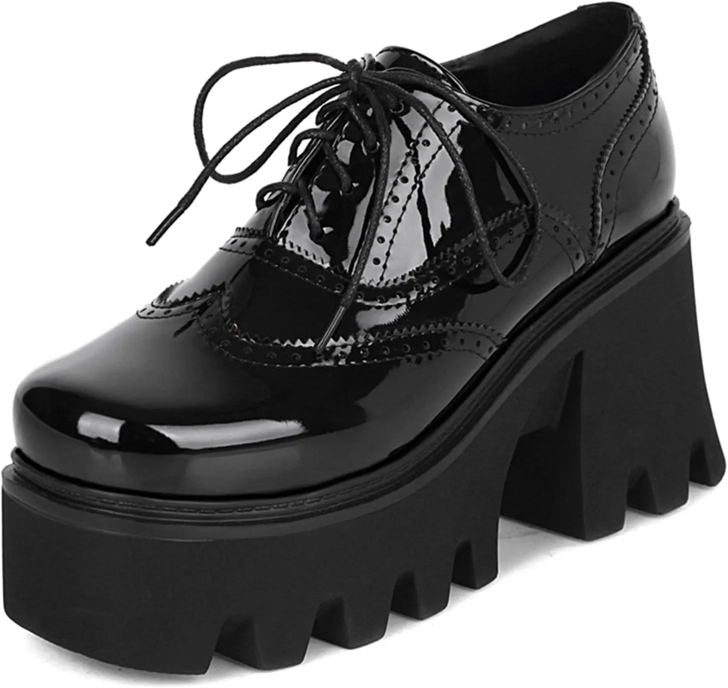Women Goth Platform Booties Chunky High Heel Ankle Boots Square Toe Lace Up Wingtip Oxford Pumps