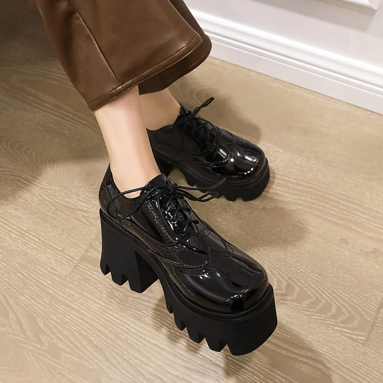 Women Goth Platform Booties Chunky High Heel Ankle Boots Square Toe Lace Up Wingtip Oxford Pumps