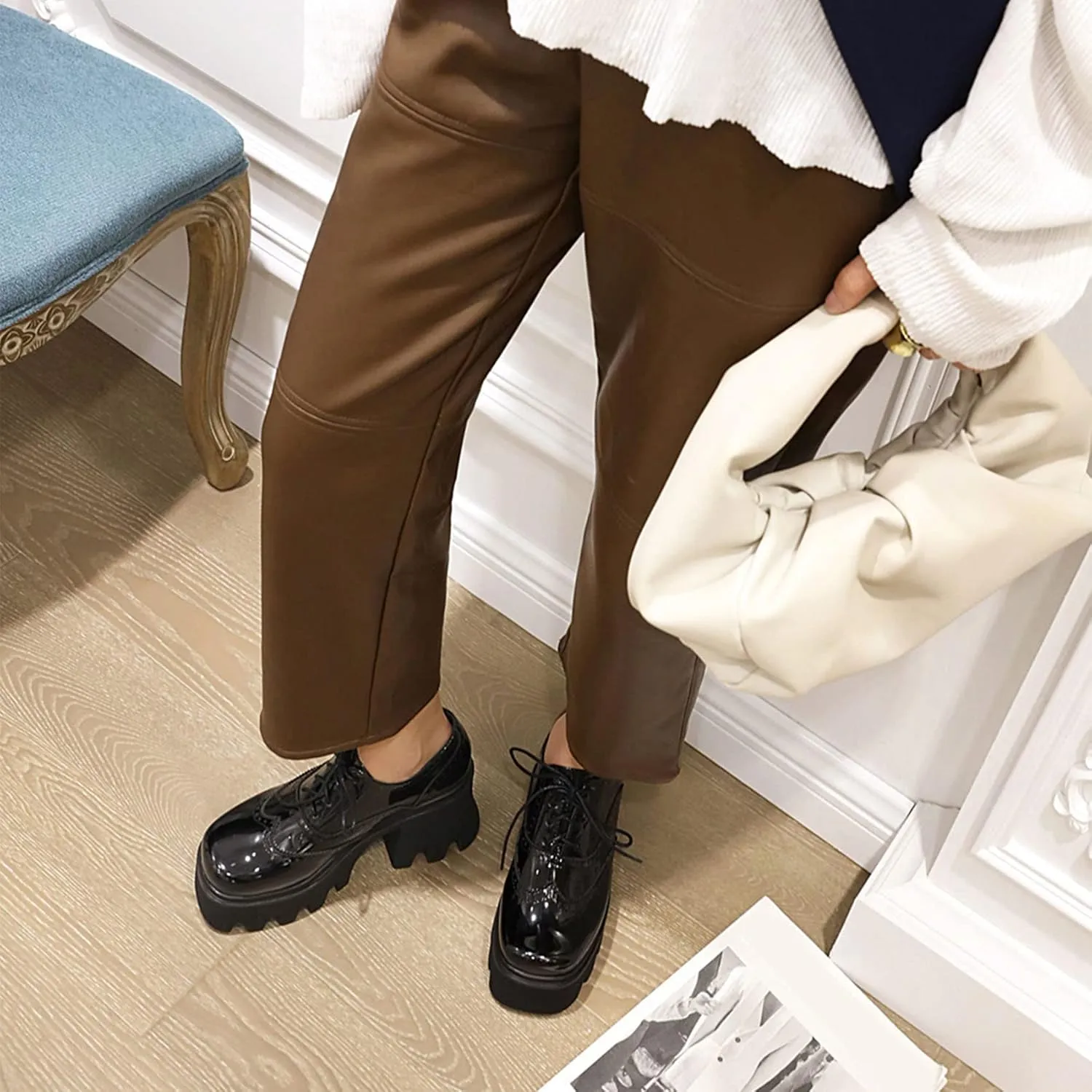 Women Goth Platform Booties Chunky High Heel Ankle Boots Square Toe Lace Up Wingtip Oxford Pumps