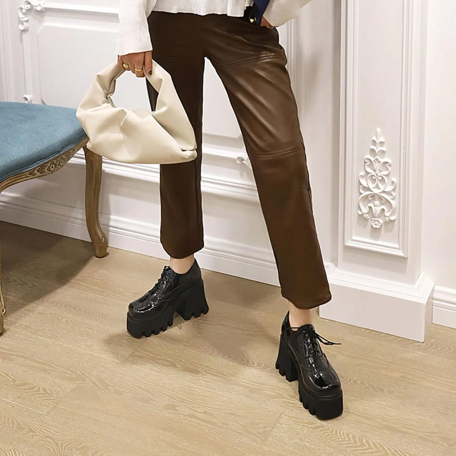 Women Goth Platform Booties Chunky High Heel Ankle Boots Square Toe Lace Up Wingtip Oxford Pumps