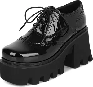 Women Goth Platform Booties Chunky High Heel Ankle Boots Square Toe Lace Up Wingtip Oxford Pumps