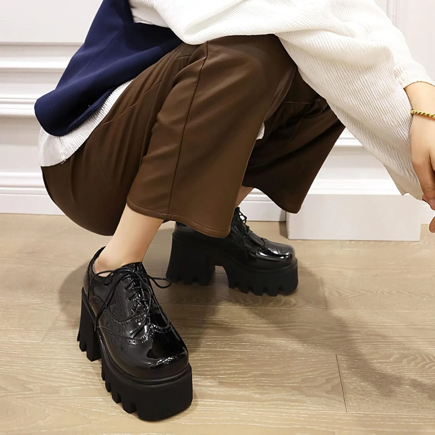 Women Goth Platform Booties Chunky High Heel Ankle Boots Square Toe Lace Up Wingtip Oxford Pumps