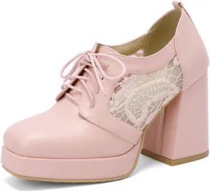 Women Square Toe Pumps Platform Chunky High Heel Booties Leather Comfy Lace Up Oxford Dress Shoes