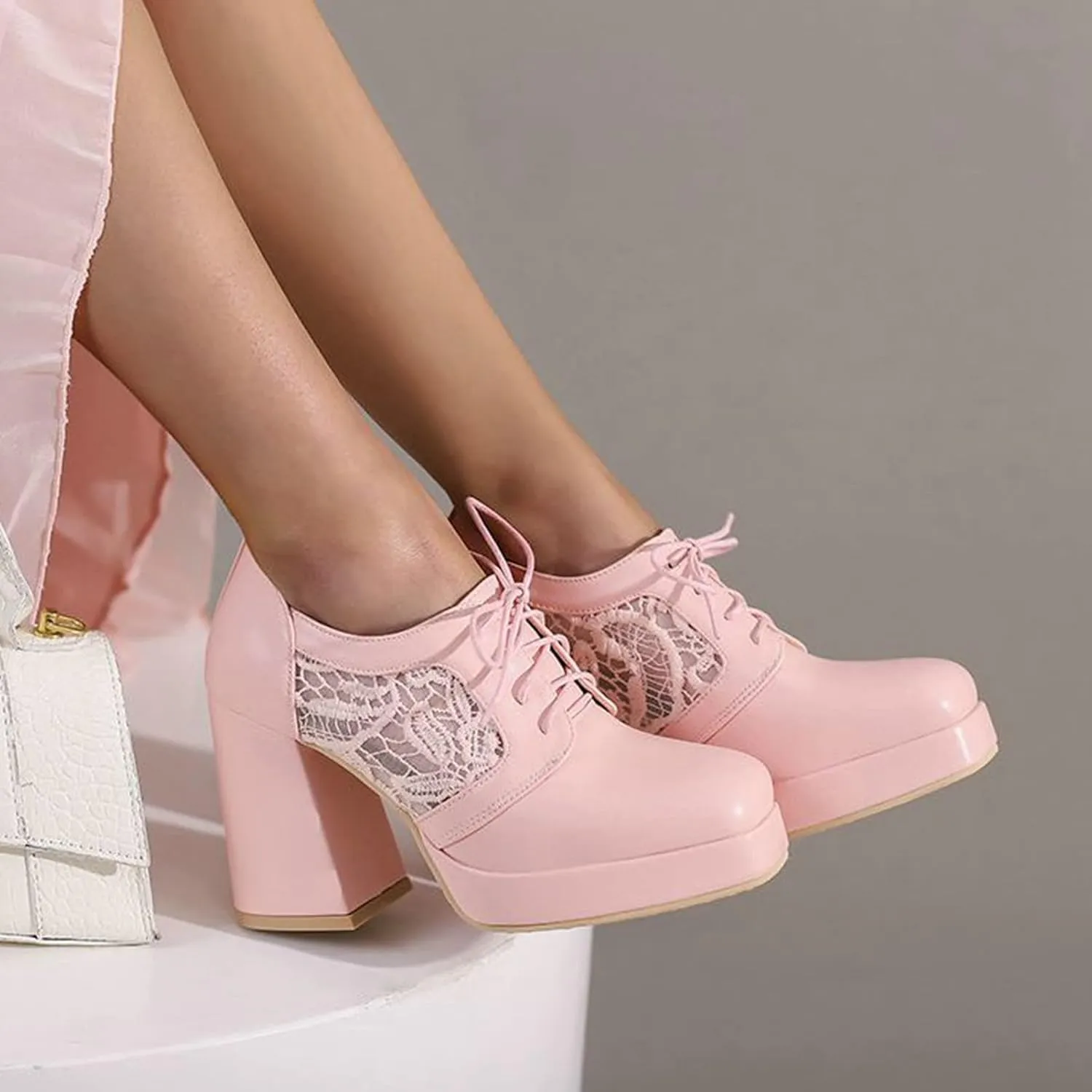 Women Square Toe Pumps Platform Chunky High Heel Booties Leather Comfy Lace Up Oxford Dress Shoes