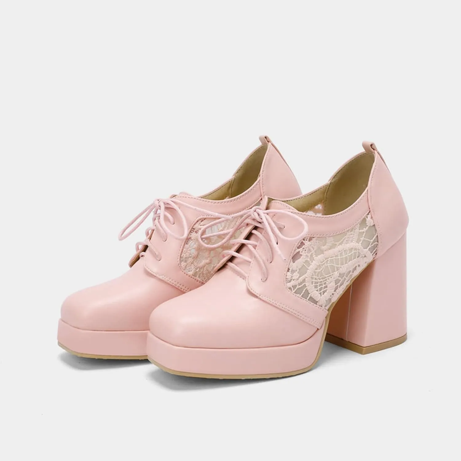 Women Square Toe Pumps Platform Chunky High Heel Booties Leather Comfy Lace Up Oxford Dress Shoes