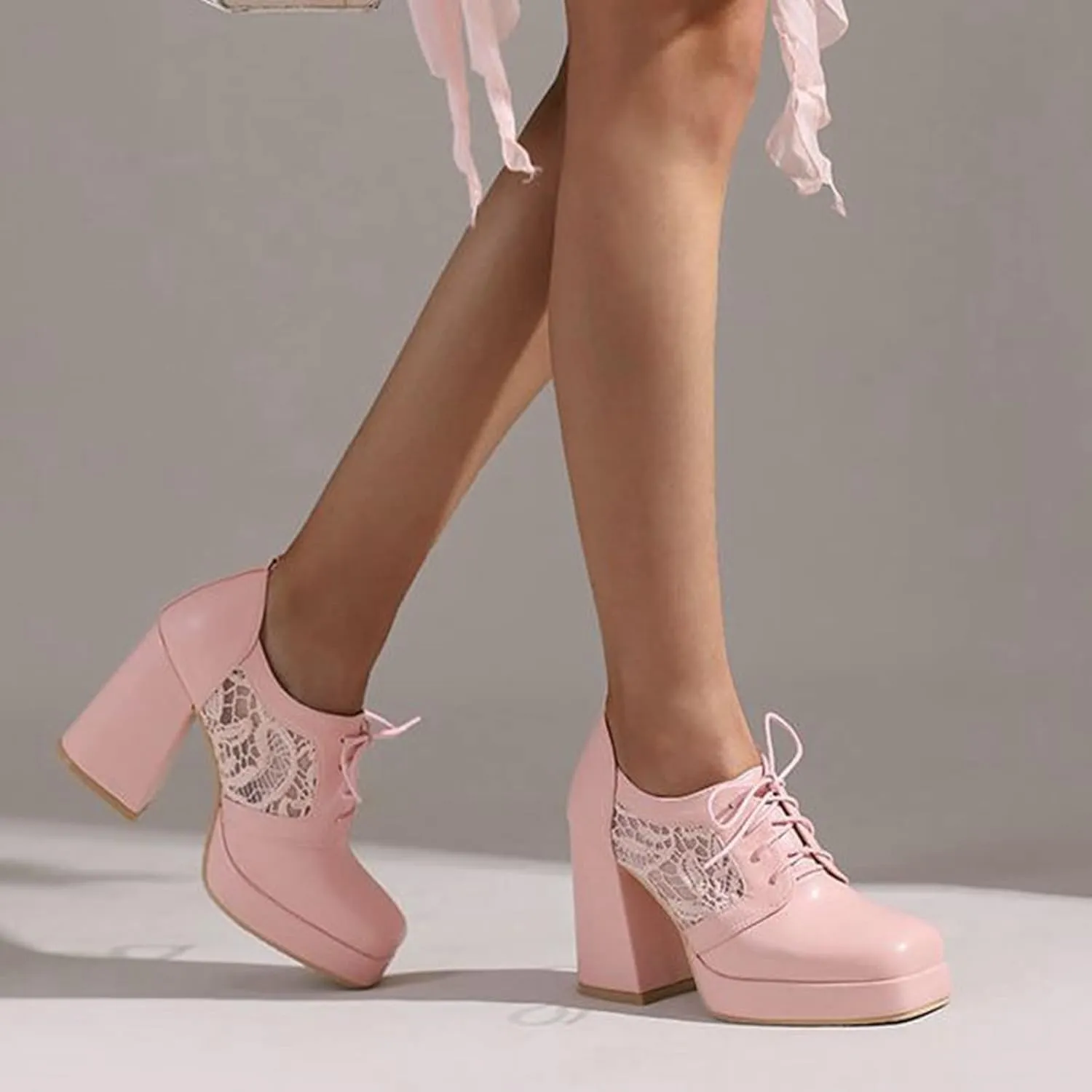 Women Square Toe Pumps Platform Chunky High Heel Booties Leather Comfy Lace Up Oxford Dress Shoes