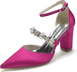 Women Vintage Wedding Bridal Rhinestone Ankle Strap High Heel Pumps Block Heel Sandal Shoes