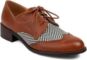 Women's Flat Low Heel Saddle Oxford Shoes Two Toned Wingtip Lace Up Perforated School Uniform Oxfords Brogues