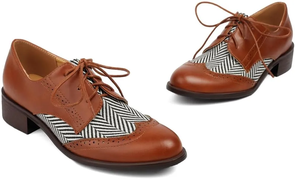 Women's Flat Low Heel Saddle Oxford Shoes Two Toned Wingtip Lace Up Perforated School Uniform Oxfords Brogues