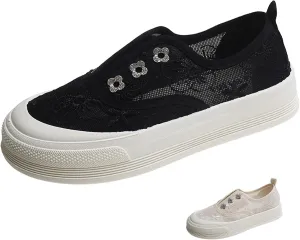 Women's Lace Mesh Platform Loafers Fashion Floral Embroidery Elastic Band Slip On Sneakers Casual Flat Increase Height Walking Shoes