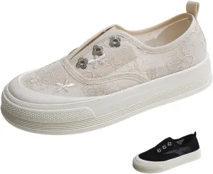 Women's Lace Mesh Platform Loafers Fashion Floral Embroidery Elastic Band Slip On Sneakers Casual Flat Increase Height Walking Shoes