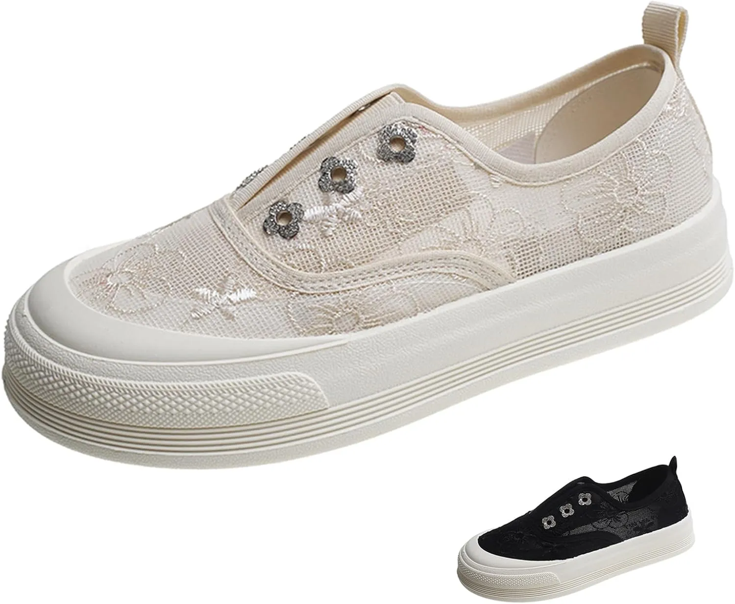 Women's Lace Mesh Platform Loafers Fashion Floral Embroidery Elastic Band Slip On Sneakers Casual Flat Increase Height Walking Shoes