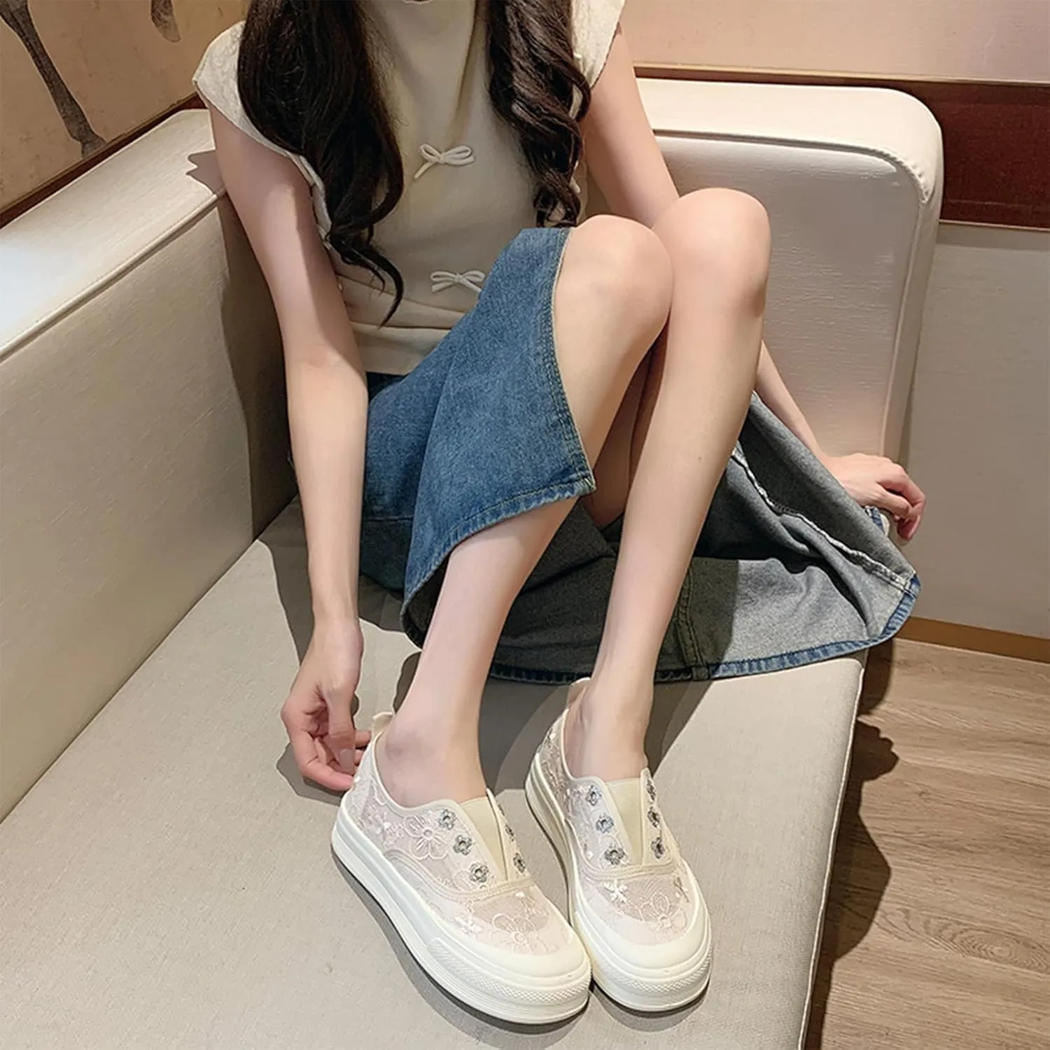 Women's Lace Mesh Platform Loafers Fashion Floral Embroidery Elastic Band Slip On Sneakers Casual Flat Increase Height Walking Shoes