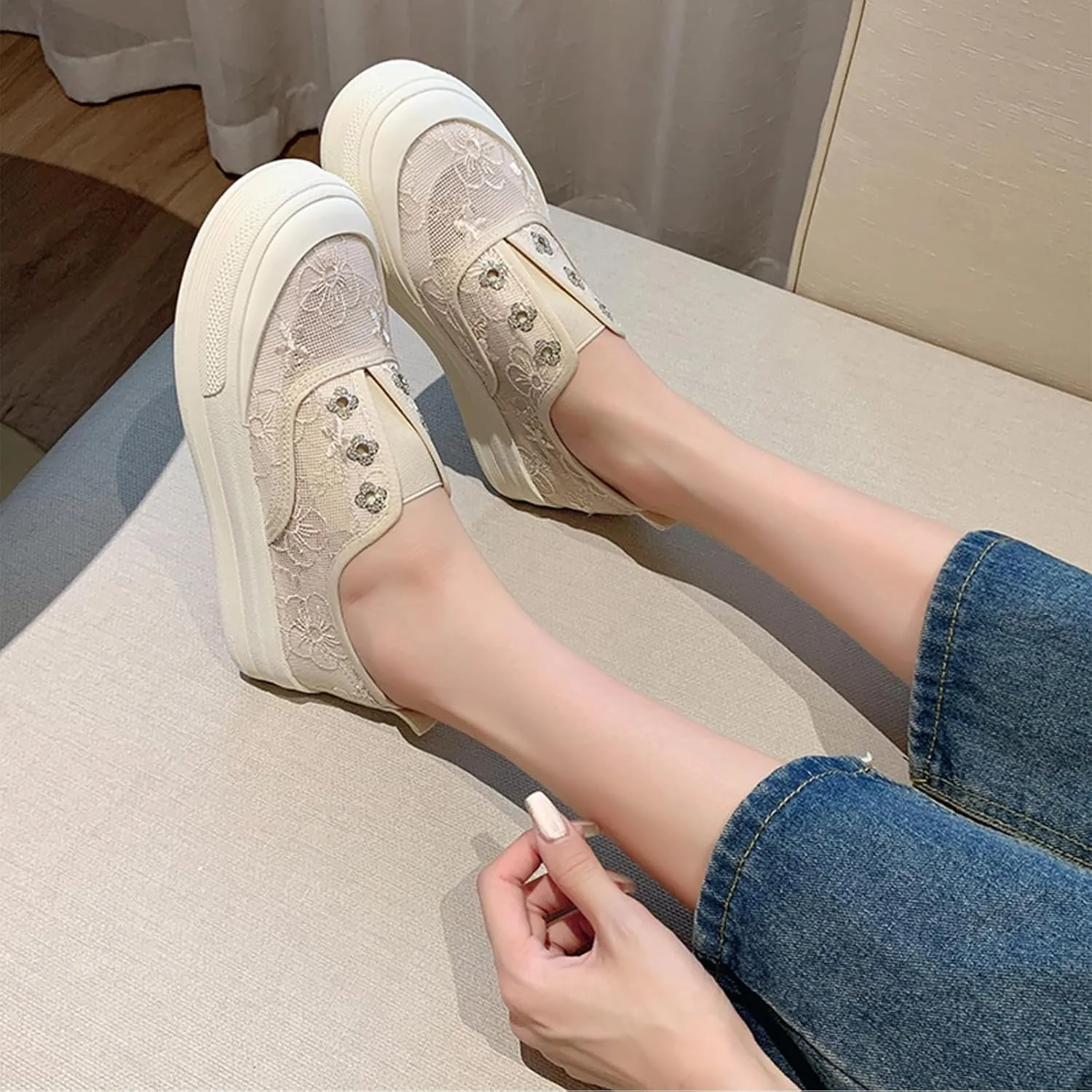 Women's Lace Mesh Platform Loafers Fashion Floral Embroidery Elastic Band Slip On Sneakers Casual Flat Increase Height Walking Shoes