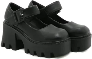 Women's Leather Square Buckle Platform Chunky Heel Mary Janes Adjustable Strap Fashion Closed Round Toe Chunky High Heels Oxford Shoe Leisure Office Party Dress Pumps