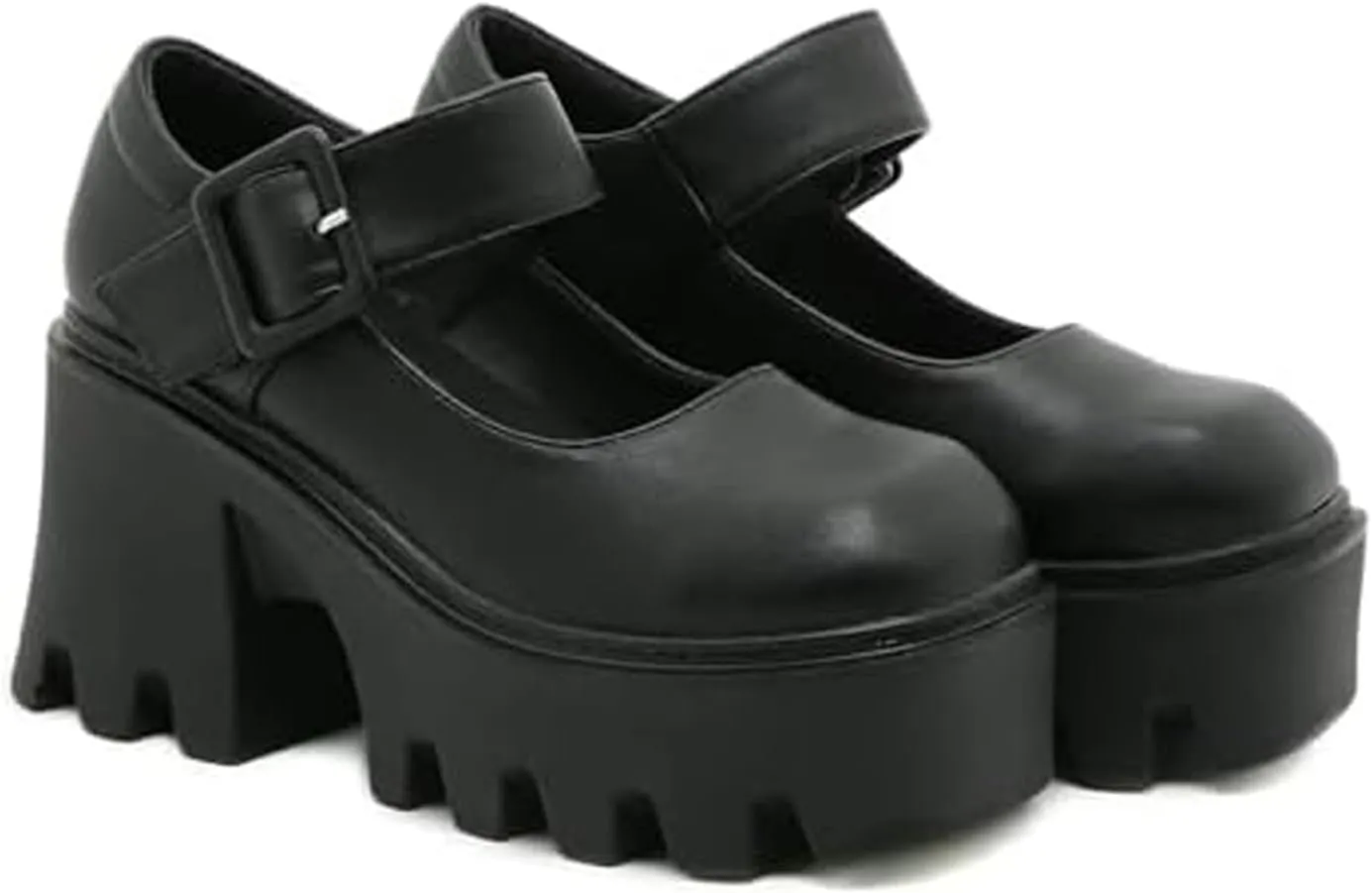 Women's Leather Square Buckle Platform Chunky Heel Mary Janes Adjustable Strap Fashion Closed Round Toe Chunky High Heels Oxford Shoe Leisure Office Party Dress Pumps