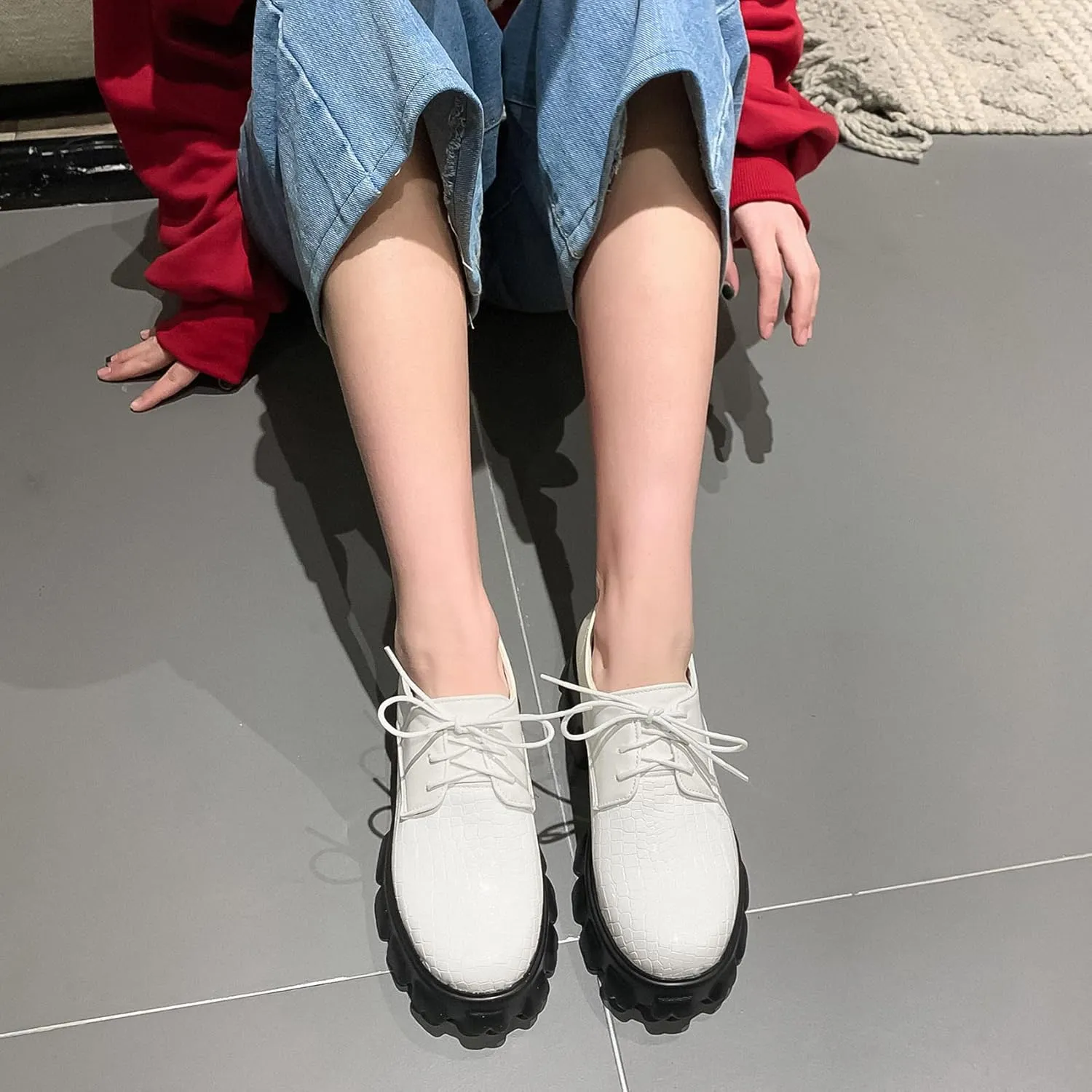 Women's Lug Sole Creeper Shoes Patent Leather Chunky Heels Oxford Brogues Crocodile Print Gothic Platform Pumps