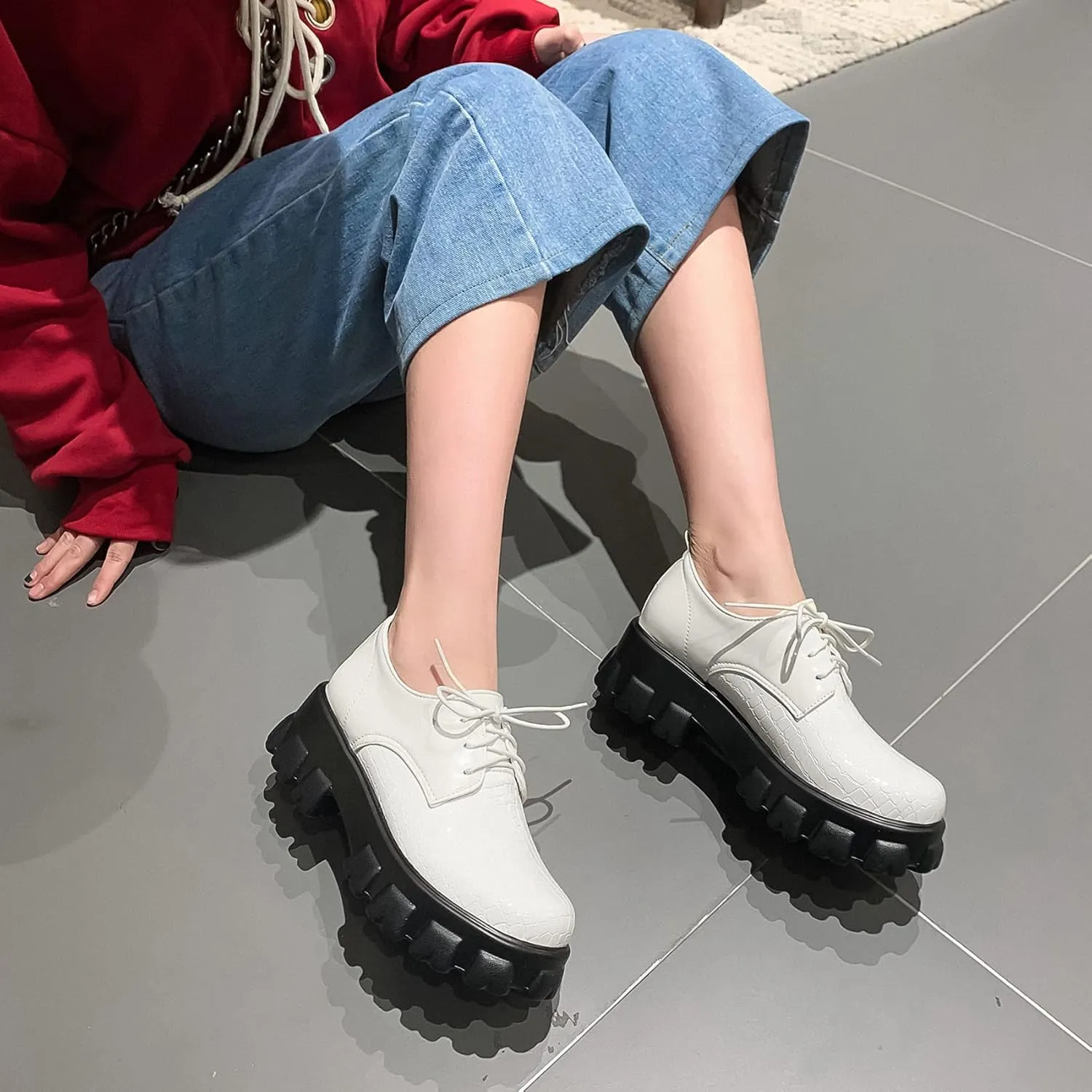 Women's Lug Sole Creeper Shoes Patent Leather Chunky Heels Oxford Brogues Crocodile Print Gothic Platform Pumps