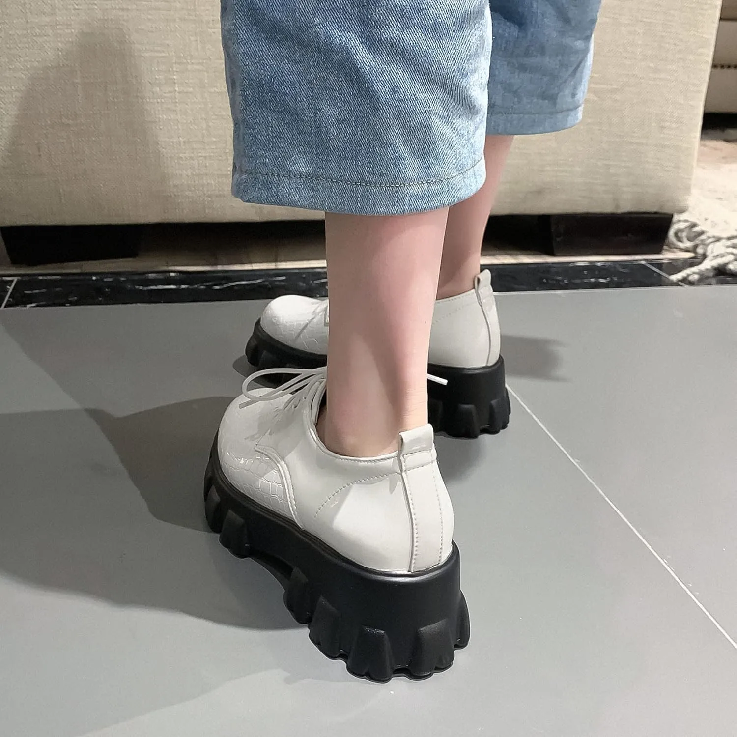 Women's Lug Sole Creeper Shoes Patent Leather Chunky Heels Oxford Brogues Crocodile Print Gothic Platform Pumps