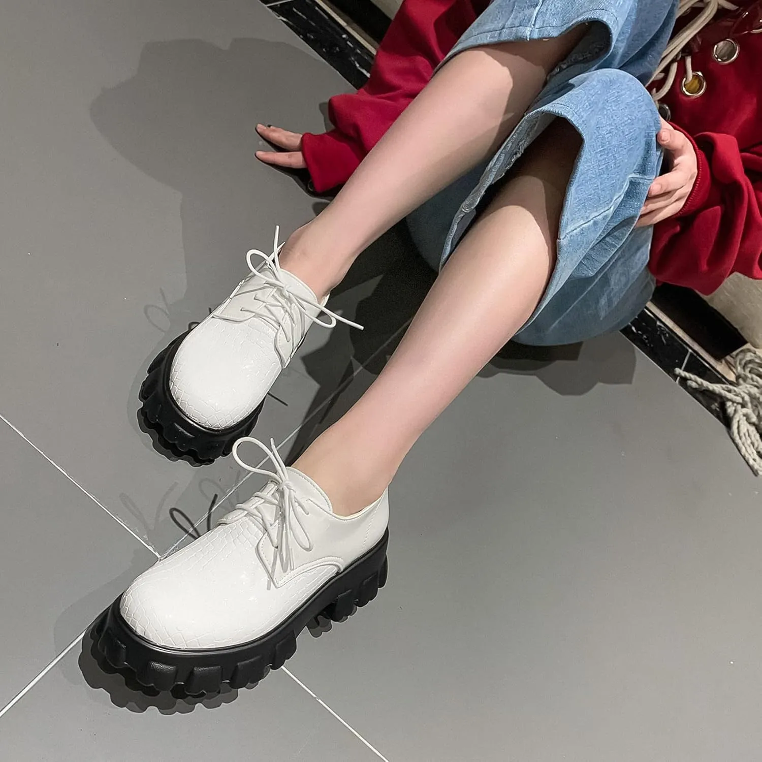 Women's Lug Sole Creeper Shoes Patent Leather Chunky Heels Oxford Brogues Crocodile Print Gothic Platform Pumps