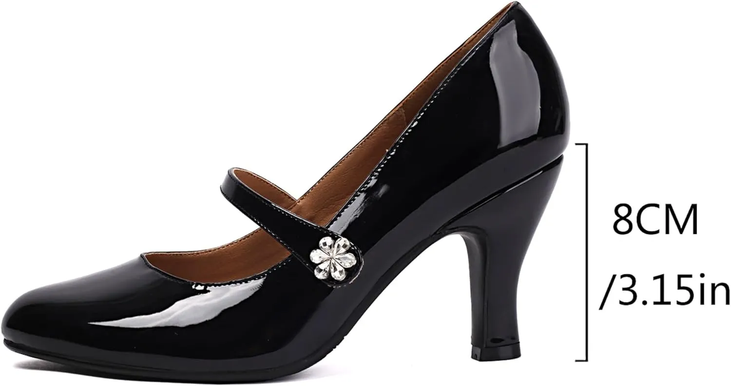 Women's Mary Jane Close Round Toe Patent Leather Vintage 1950s Heels Retro 1920s Victorian Pumps 1930s Shoes