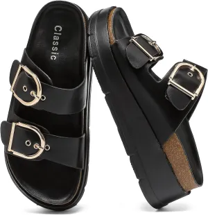 Womens Platform Sandals Cork Footbed with Comfort Double Buckles,Slip on Platform Slides Summer Beach Wide Widths Sandal Shoes