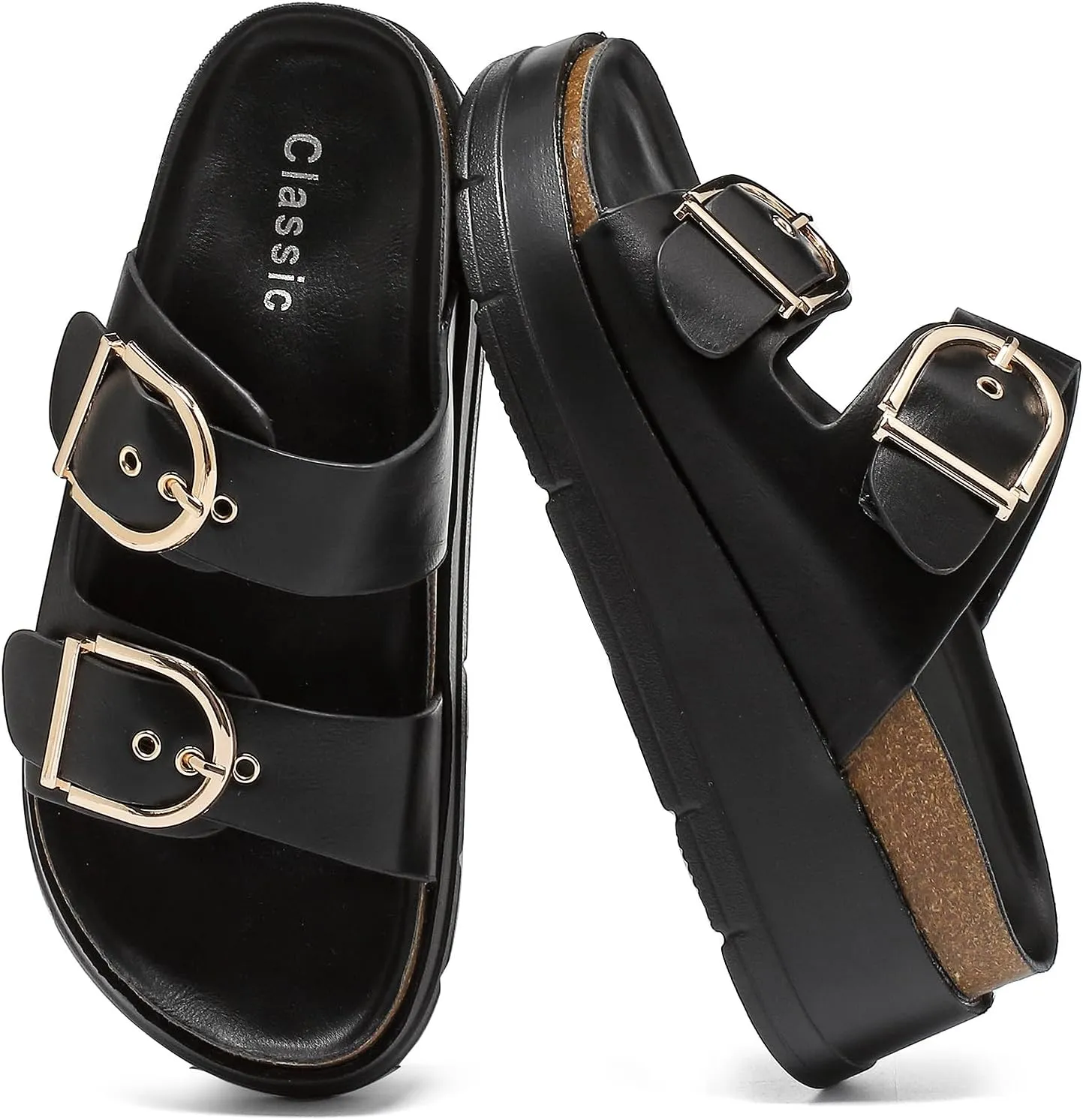 Womens Platform Sandals Cork Footbed with Comfort Double Buckles,Slip on Platform Slides Summer Beach Wide Widths Sandal Shoes