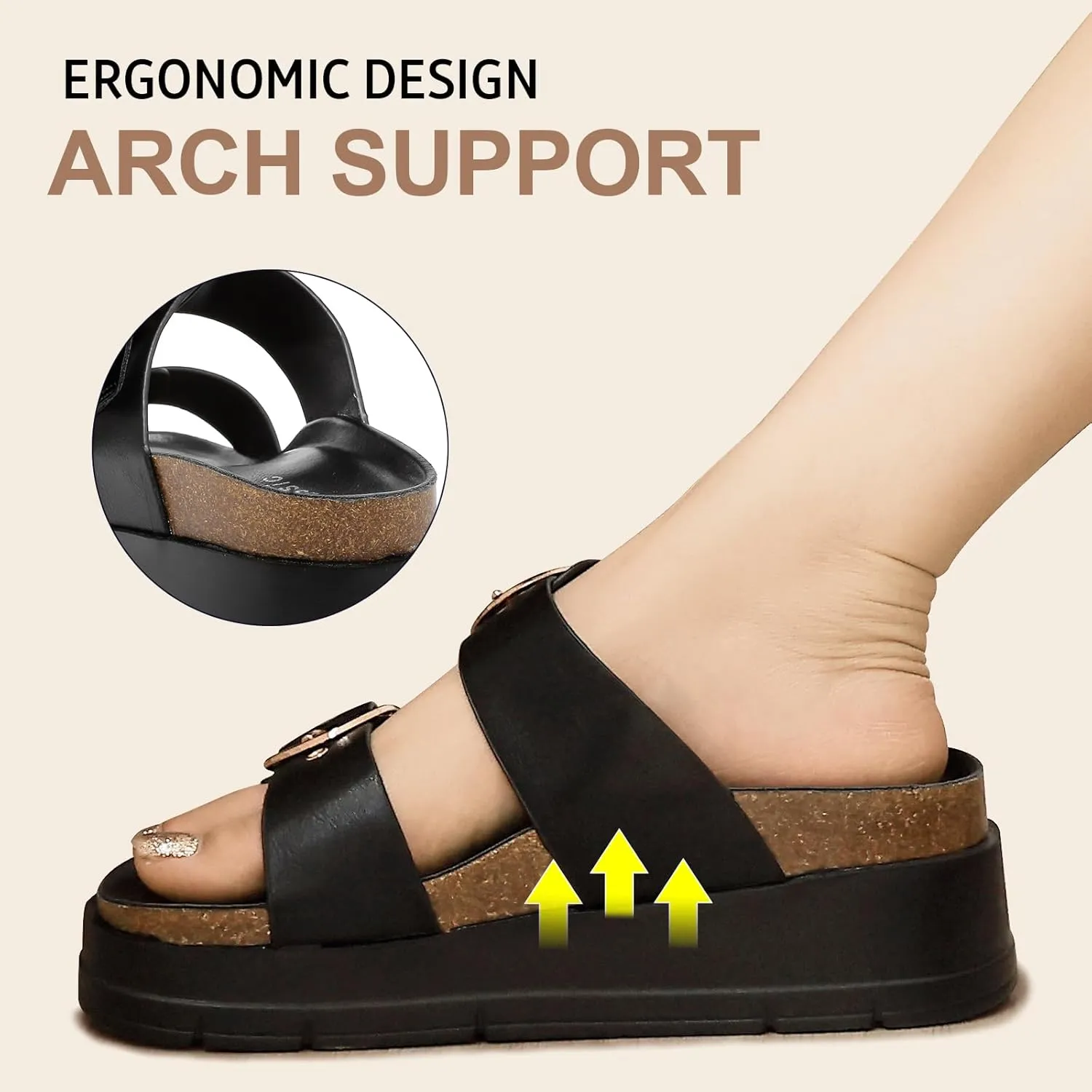 Womens Platform Sandals Cork Footbed with Comfort Double Buckles,Slip on Platform Slides Summer Beach Wide Widths Sandal Shoes