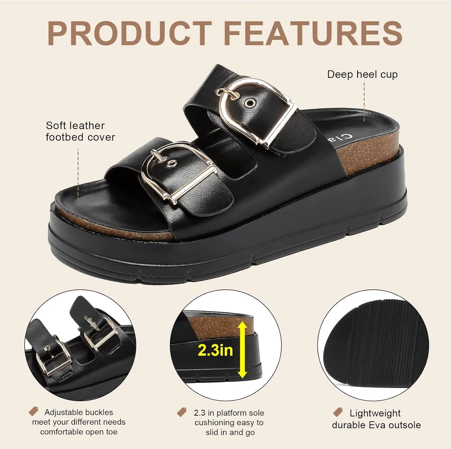 Womens Platform Sandals Cork Footbed with Comfort Double Buckles,Slip on Platform Slides Summer Beach Wide Widths Sandal Shoes