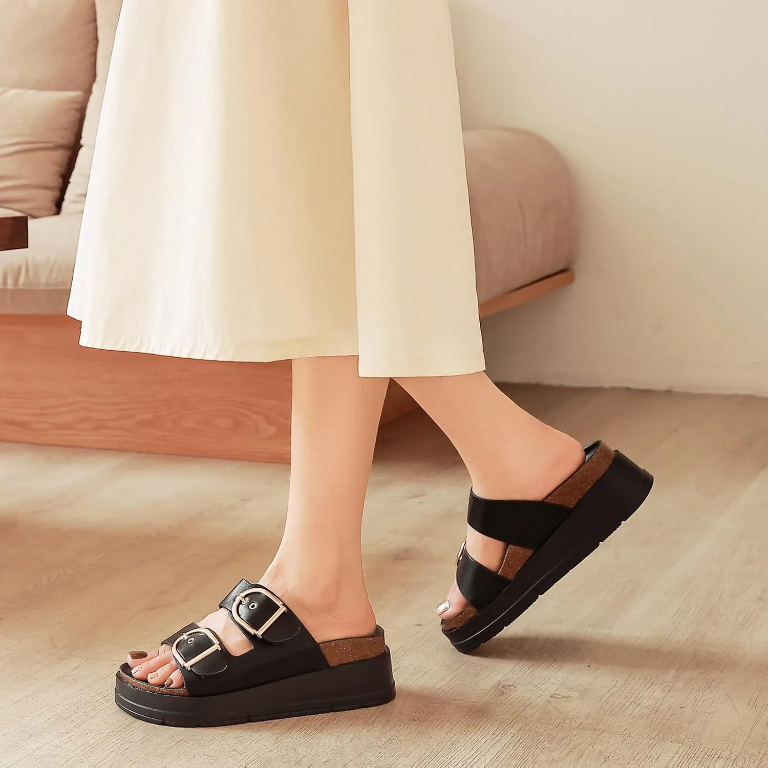 Womens Platform Sandals Cork Footbed with Comfort Double Buckles,Slip on Platform Slides Summer Beach Wide Widths Sandal Shoes