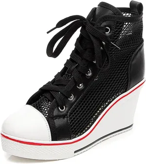 Women's Sneaker Shoes High Heel Fashionable Canvas Shoes High Tube Lace Up Wedge Edge Zipper Slope Angle Shoes Size 4-11