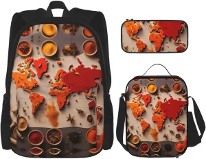 World Map Made Up Of Spices Backpack 3 In 1 Set Casual Backpack With Lunch Box Pencil Bag Water Resistant