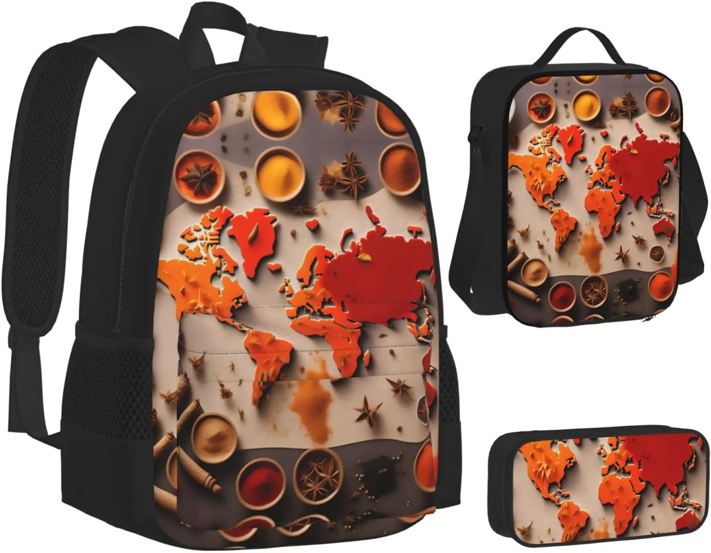 World Map Made Up Of Spices Backpack 3 In 1 Set Casual Backpack With Lunch Box Pencil Bag Water Resistant