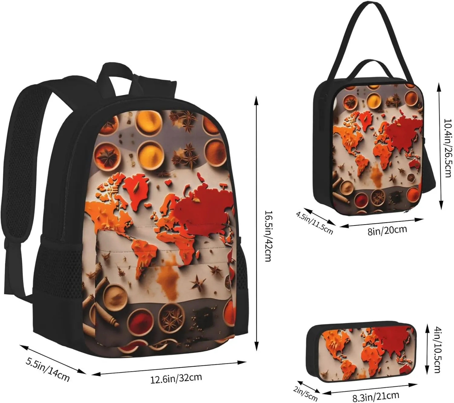 World Map Made Up Of Spices Backpack 3 In 1 Set Casual Backpack With Lunch Box Pencil Bag Water Resistant