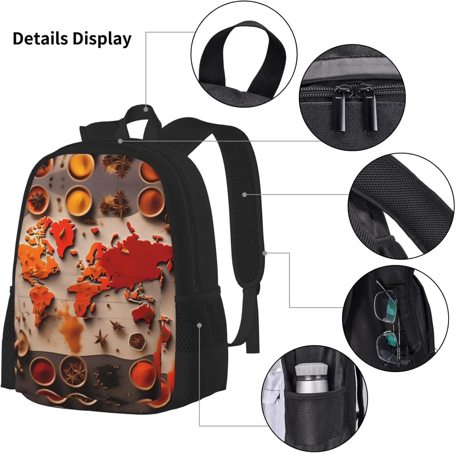 World Map Made Up Of Spices Backpack 3 In 1 Set Casual Backpack With Lunch Box Pencil Bag Water Resistant