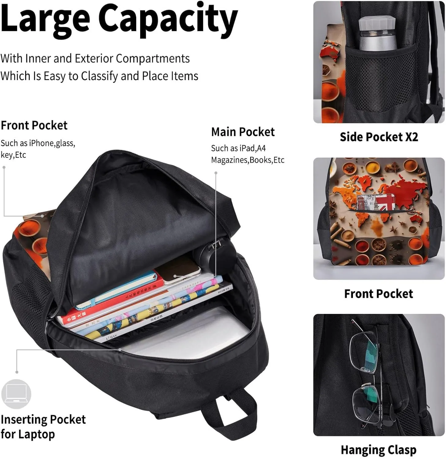World Map Made Up Of Spices Backpack 3 In 1 Set Casual Backpack With Lunch Box Pencil Bag Water Resistant