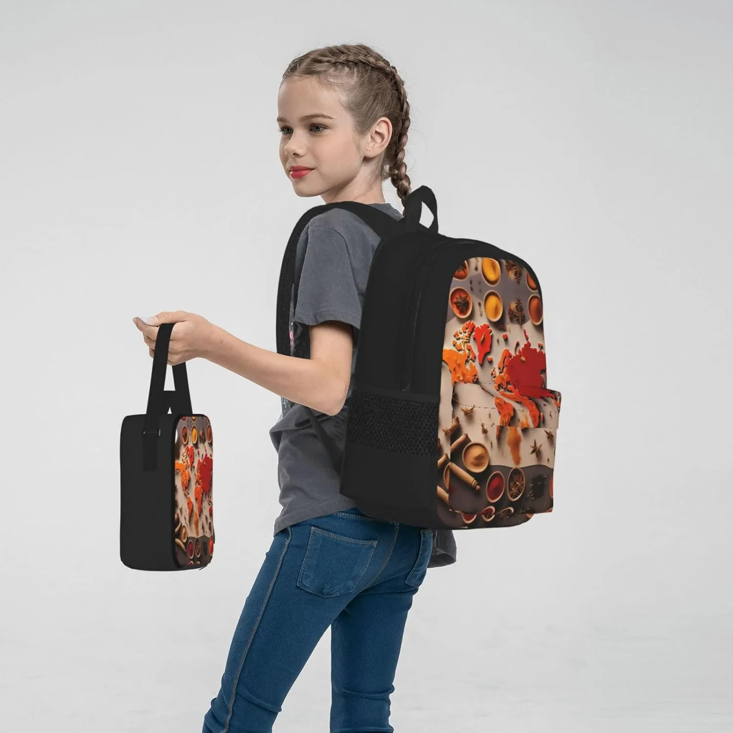 World Map Made Up Of Spices Backpack 3 In 1 Set Casual Backpack With Lunch Box Pencil Bag Water Resistant