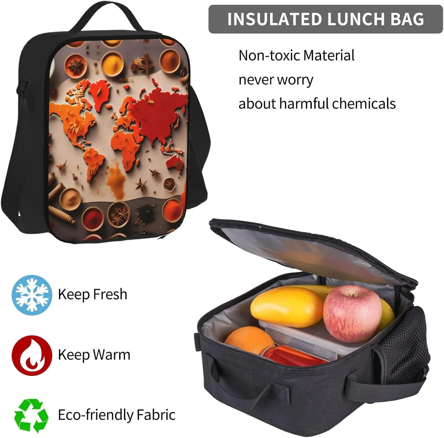 World Map Made Up Of Spices Backpack 3 In 1 Set Casual Backpack With Lunch Box Pencil Bag Water Resistant