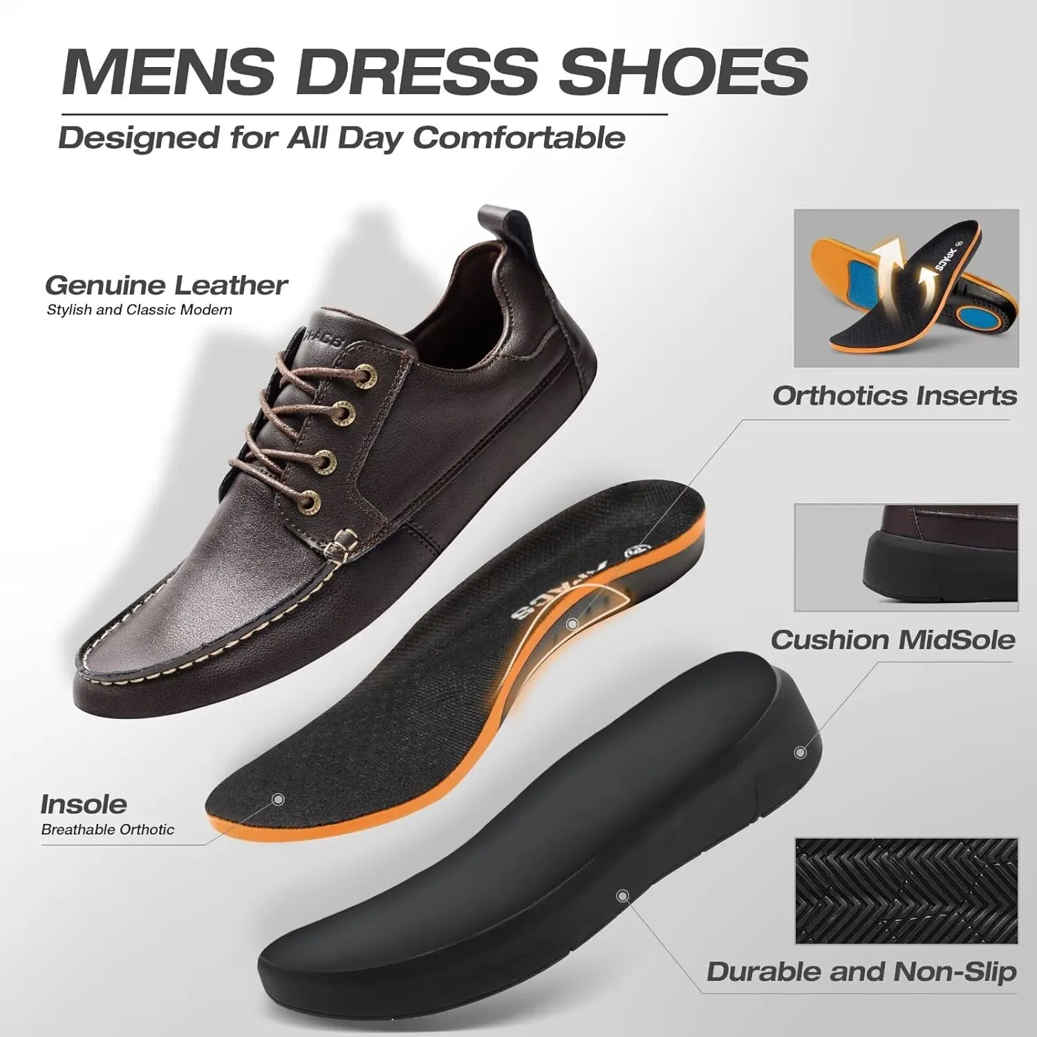 XPACS Men's Orthopedic Leather Dress Walking Shoes: Comfortable Arch Support Plantar Fasciitis Orthotic Business Tennis Oxfords, Flat Feet Casual Office Working Shoes for Foot and Heel Pain Relief