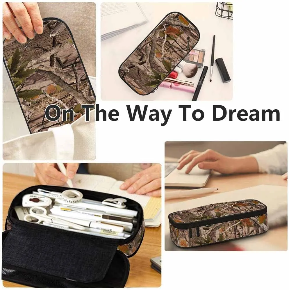 Yekiua Realistic Trees Camouflage Pencil Holder Branches Green Brown Oak Leaves Big Capacity Pencil Case Multi-Purpose Makeup Pouch For Office College Adult