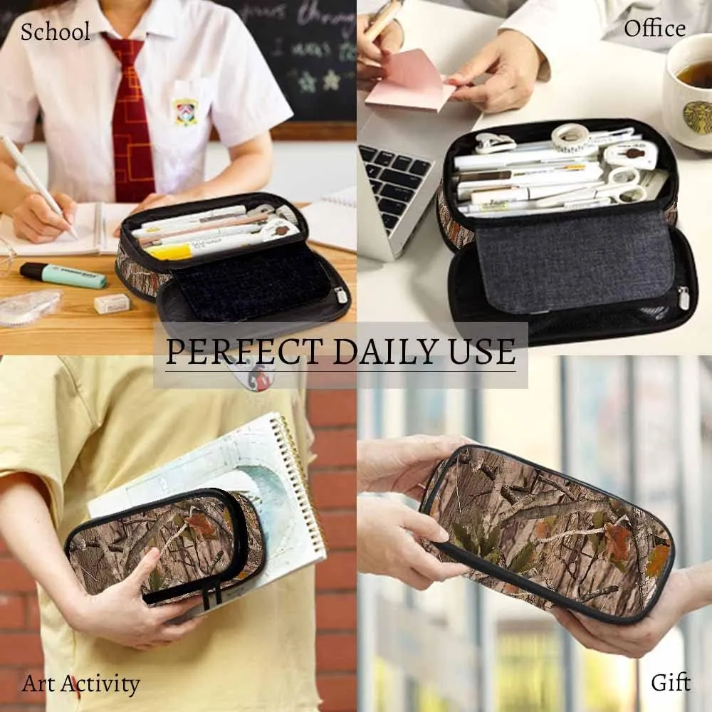Yekiua Realistic Trees Camouflage Pencil Holder Branches Green Brown Oak Leaves Big Capacity Pencil Case Multi-Purpose Makeup Pouch For Office College Adult