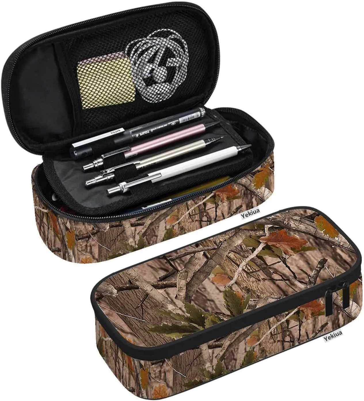 Yekiua Realistic Trees Camouflage Pencil Holder Branches Green Brown Oak Leaves Big Capacity Pencil Case Multi-Purpose Makeup Pouch For Office College Adult