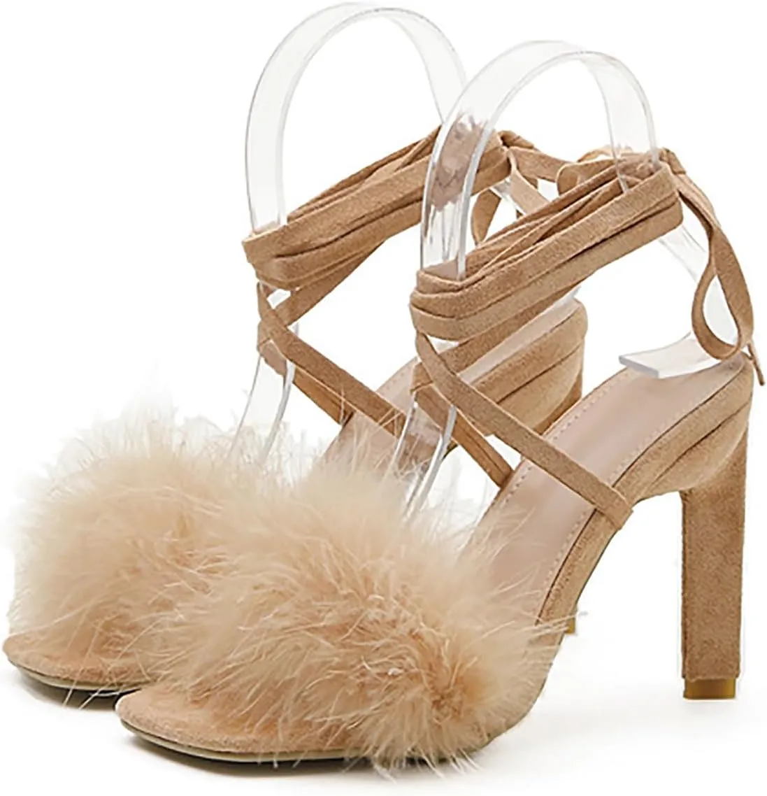 YIBLBOX Women's Feather Heels Open Toe Sandal Fluffy Fur High Heel Shoes Ankle Cross Strappy Stiletto Pump for Wedding Party Dance Evening