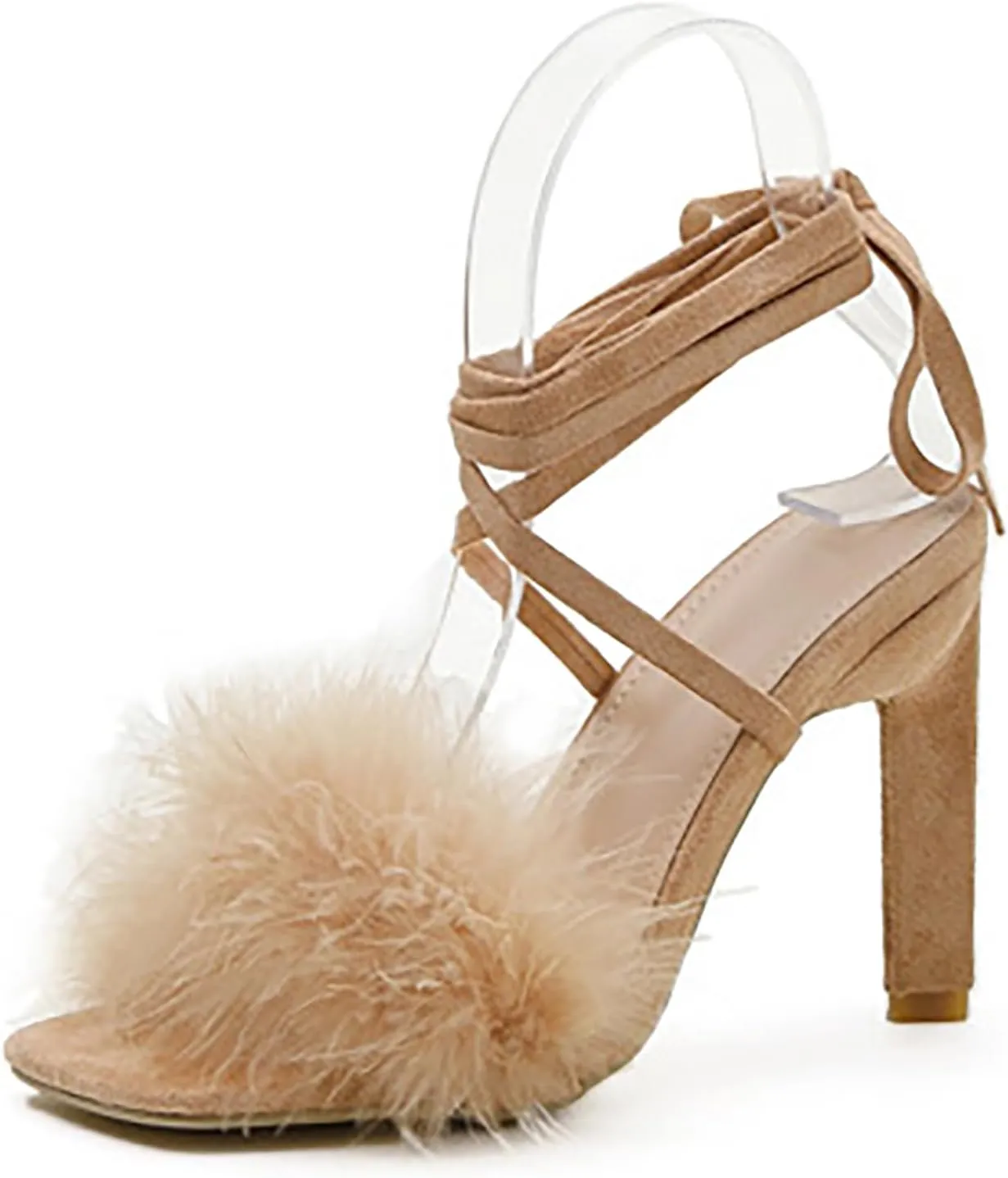 YIBLBOX Women's Feather Heels Open Toe Sandal Fluffy Fur High Heel Shoes Ankle Cross Strappy Stiletto Pump for Wedding Party Dance Evening