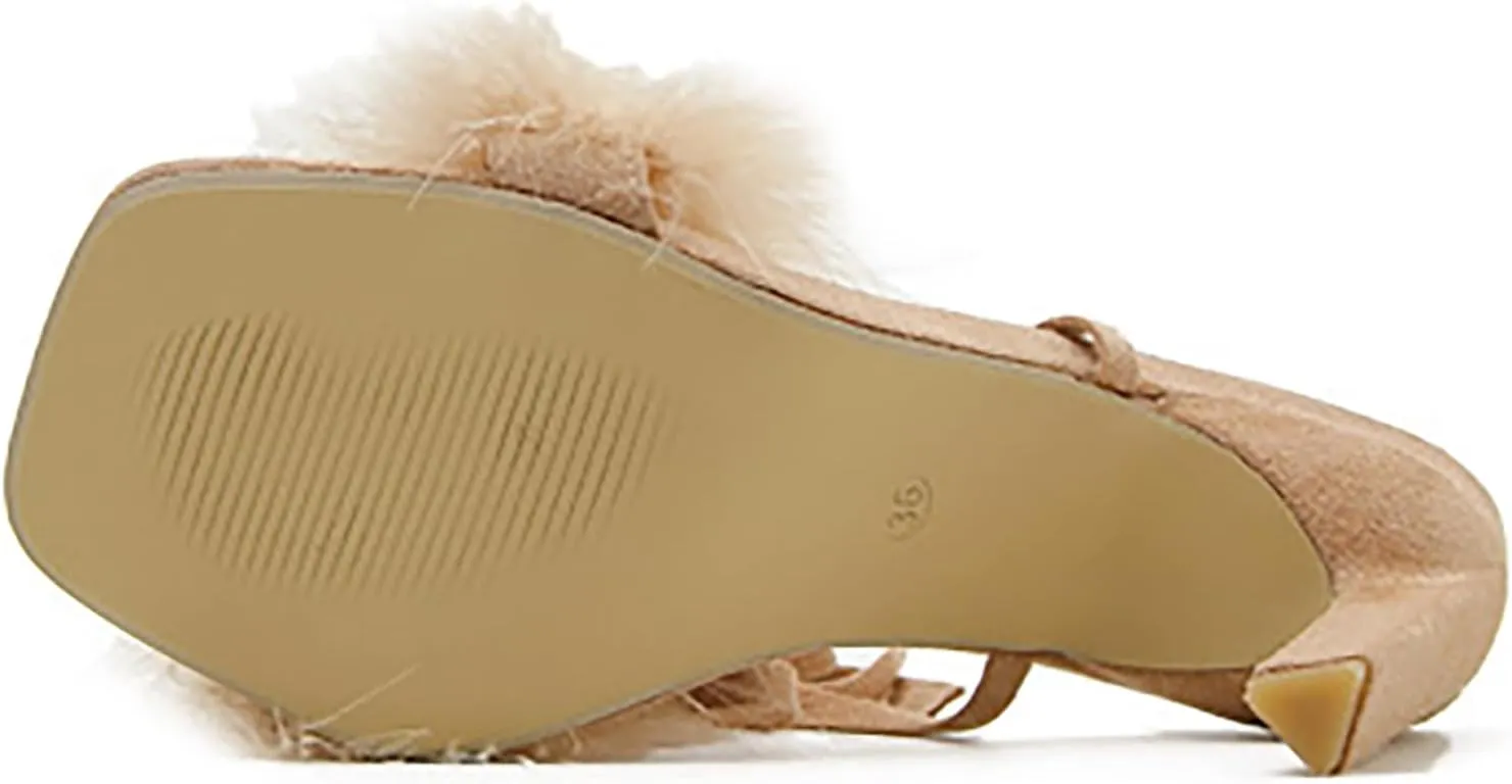 YIBLBOX Women's Feather Heels Open Toe Sandal Fluffy Fur High Heel Shoes Ankle Cross Strappy Stiletto Pump for Wedding Party Dance Evening