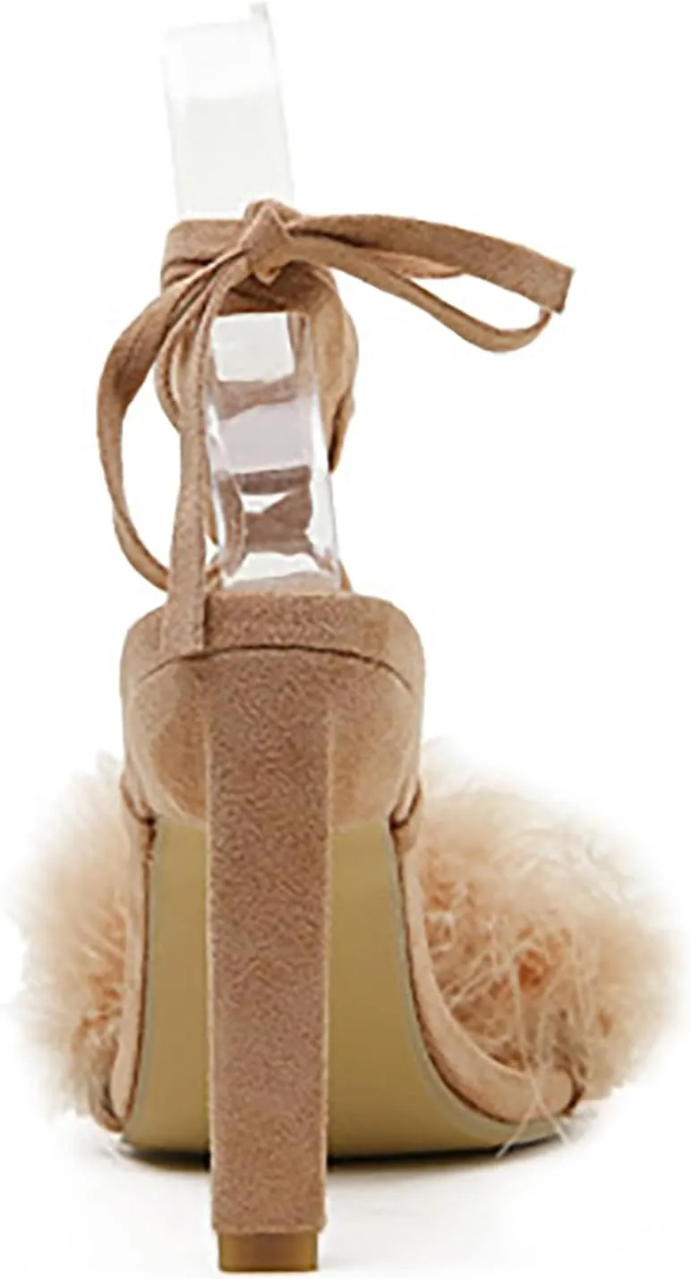 YIBLBOX Women's Feather Heels Open Toe Sandal Fluffy Fur High Heel Shoes Ankle Cross Strappy Stiletto Pump for Wedding Party Dance Evening