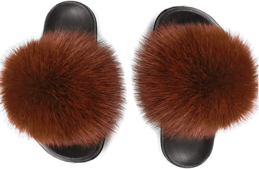 Yu Li Women Real Fox Fur Feather Vegan Leather Open Toe Single Strap Slip On Sandal